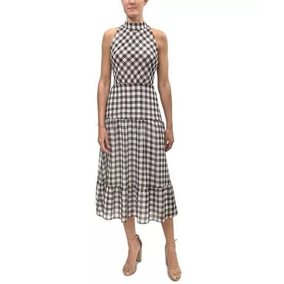 Sam Edelman Dresses & Skirts - Sam Edelman Black and White Checked High Neck Halter Tiered Midi Dress Sz 14